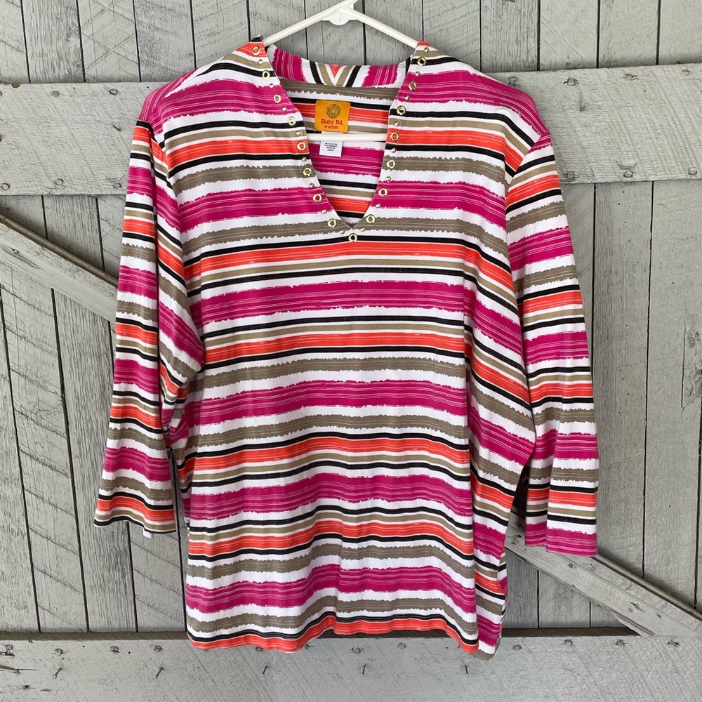 Ruby Rd Striped V Neck Top size 1X